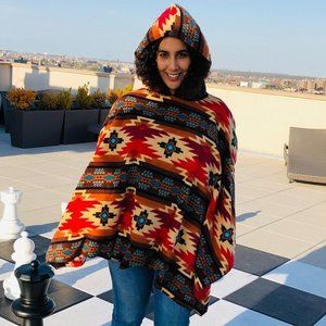 ZooFleece Orange Southwestern Aztec Tribal Indian Hooded Women’s Poncho Cape